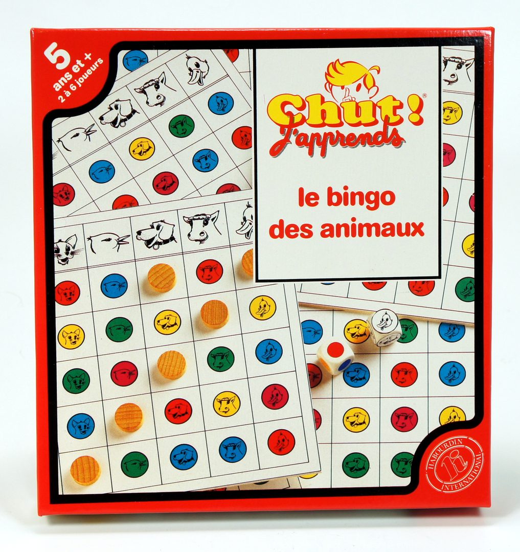 Animal-themed bingo game with colorful markers on a board.