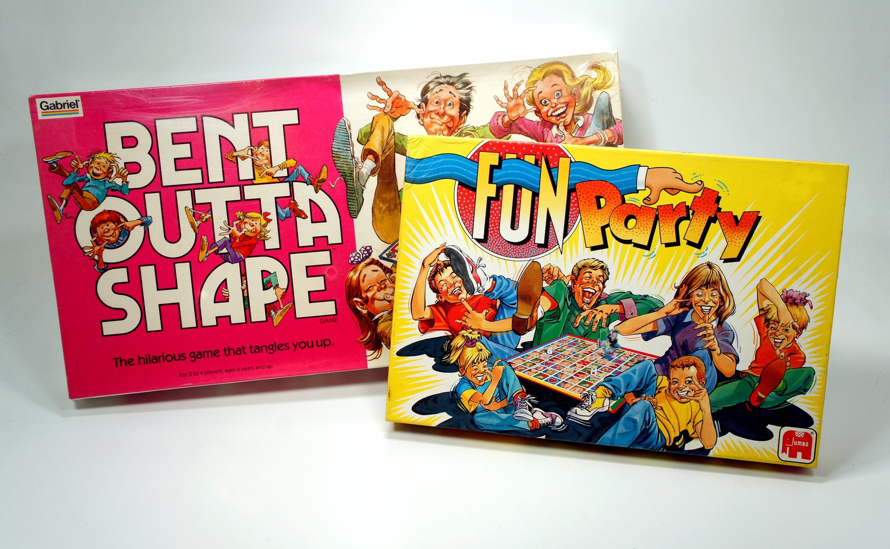 Two vintage board games, Fun Party and Rent Outta Shape, displayed side by side.