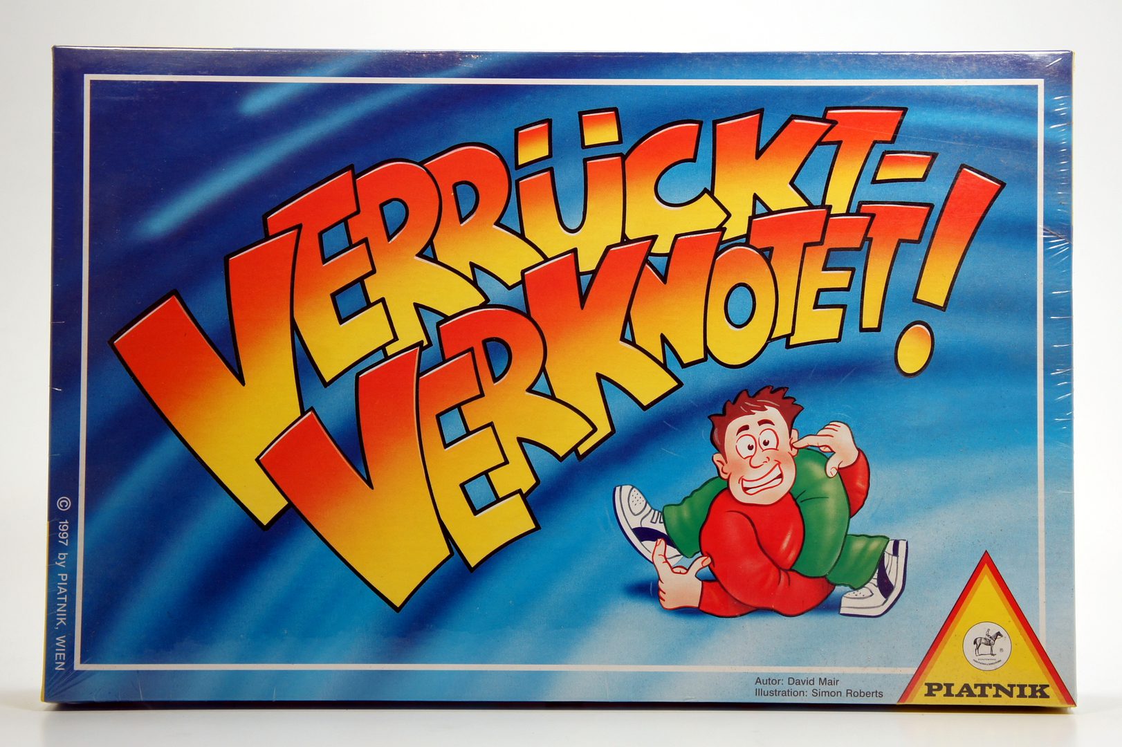 Colorful cartoon-style text and character on a blue background.