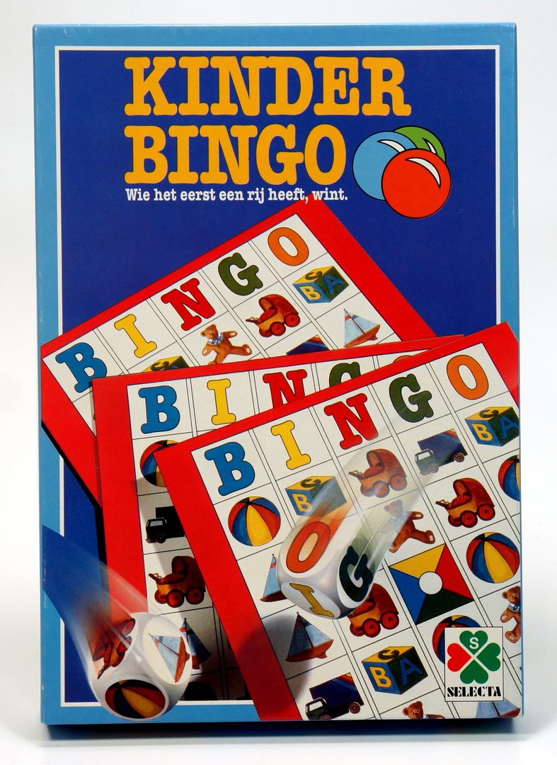 Colorful bingo cards and markers arranged on a table.