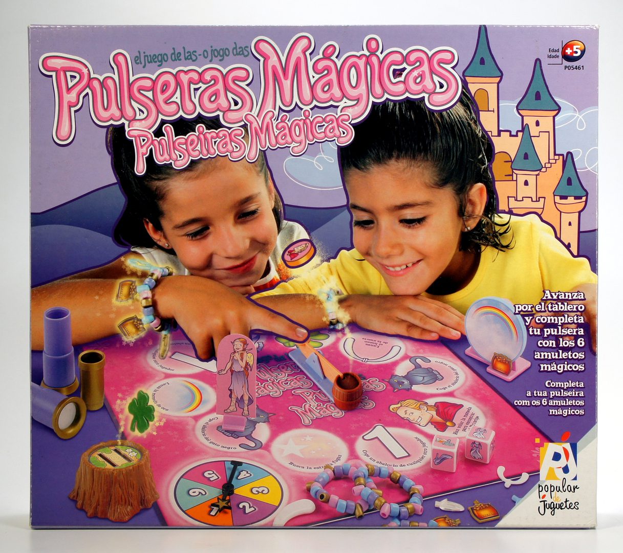 Two girls playing with a colorful magical bracelet-making game.