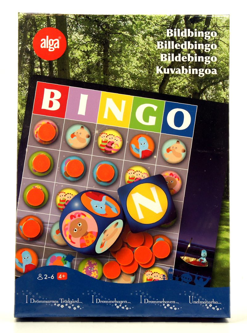 A colorful BINGO game board with chips and cards ready for play.