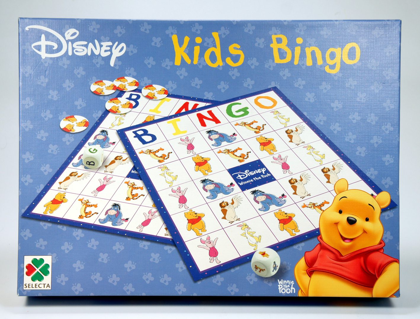 Disney Kids Bingo game featuring colorful character cards and a Winnie the Pooh figure.