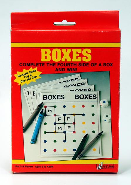 Box game with a grid and playing cards for completing squares.