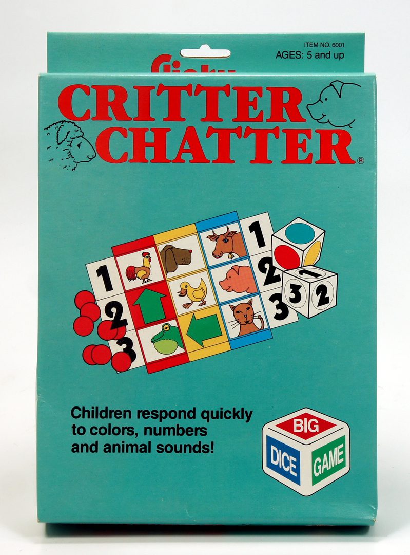 Box cover of the educational game 'Critter Chatter' with colorful animal cards and dice.
