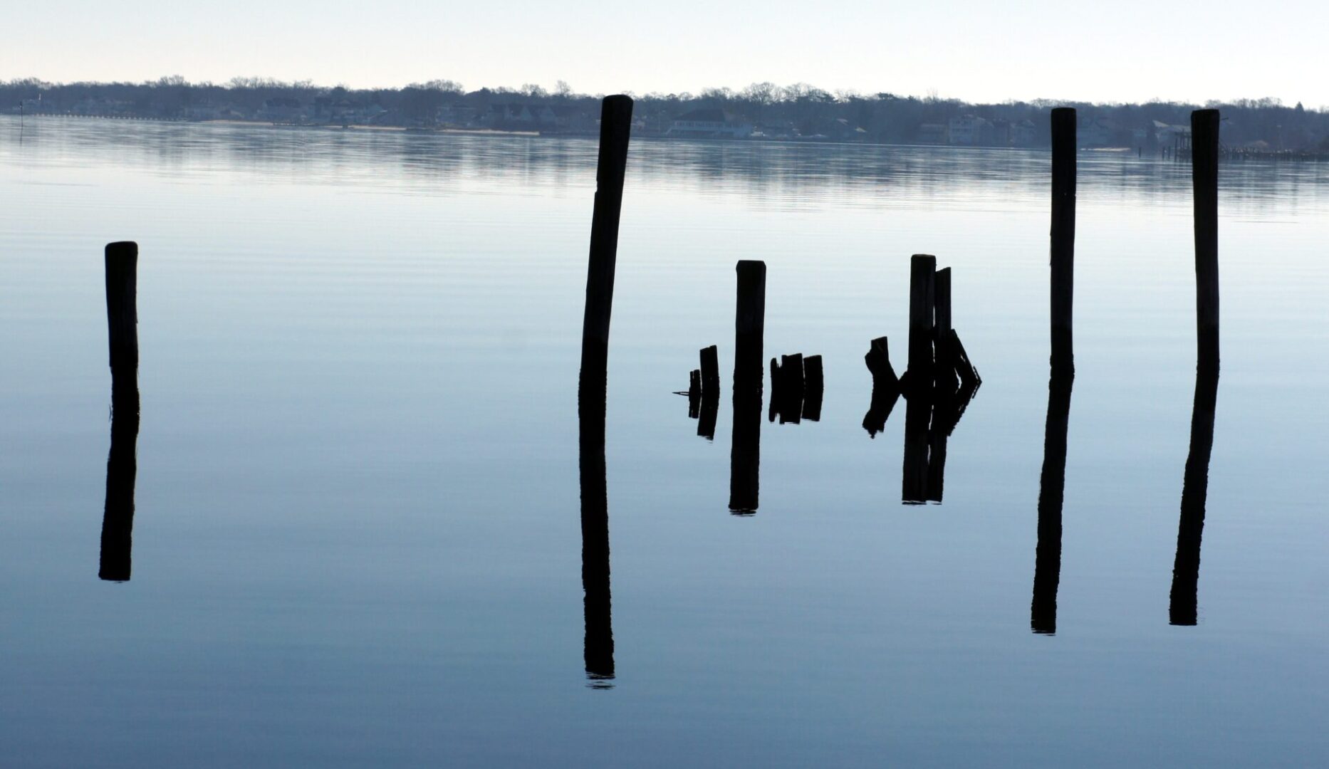 Wooden posts standing in calm water at dusk.