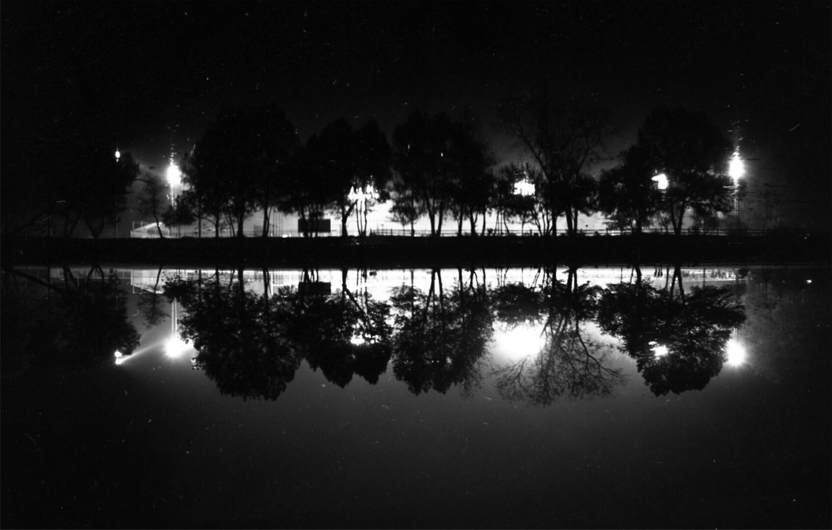 Black and white nighttime scene with trees reflected in water.