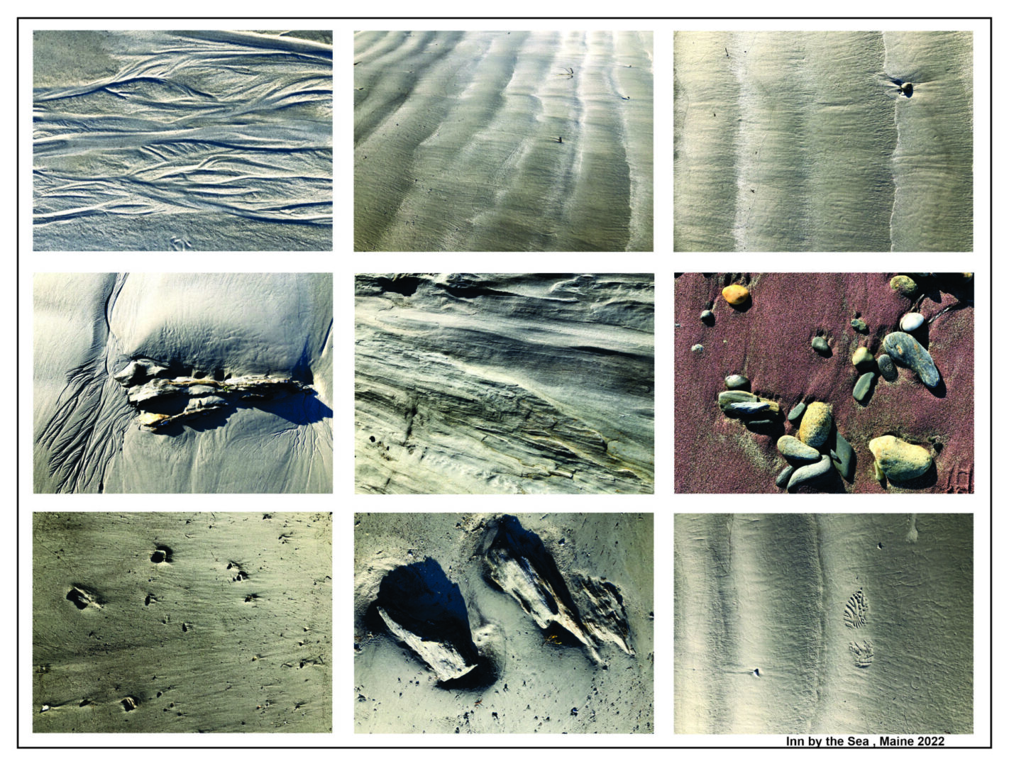 A collage of sandy beach scenes with footprints and shells.