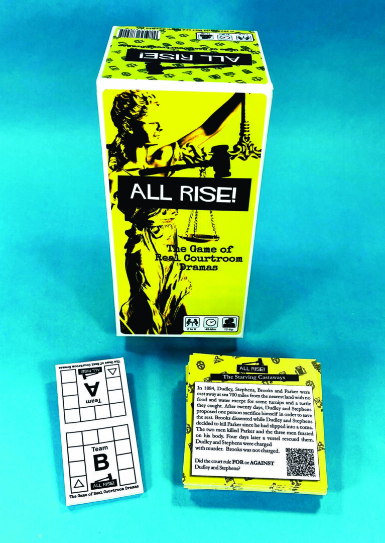 All Rise! board game with cards and rule sheet on blue background.