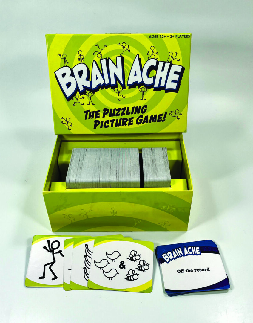 Brain Ache puzzle game with cards and illustrations.