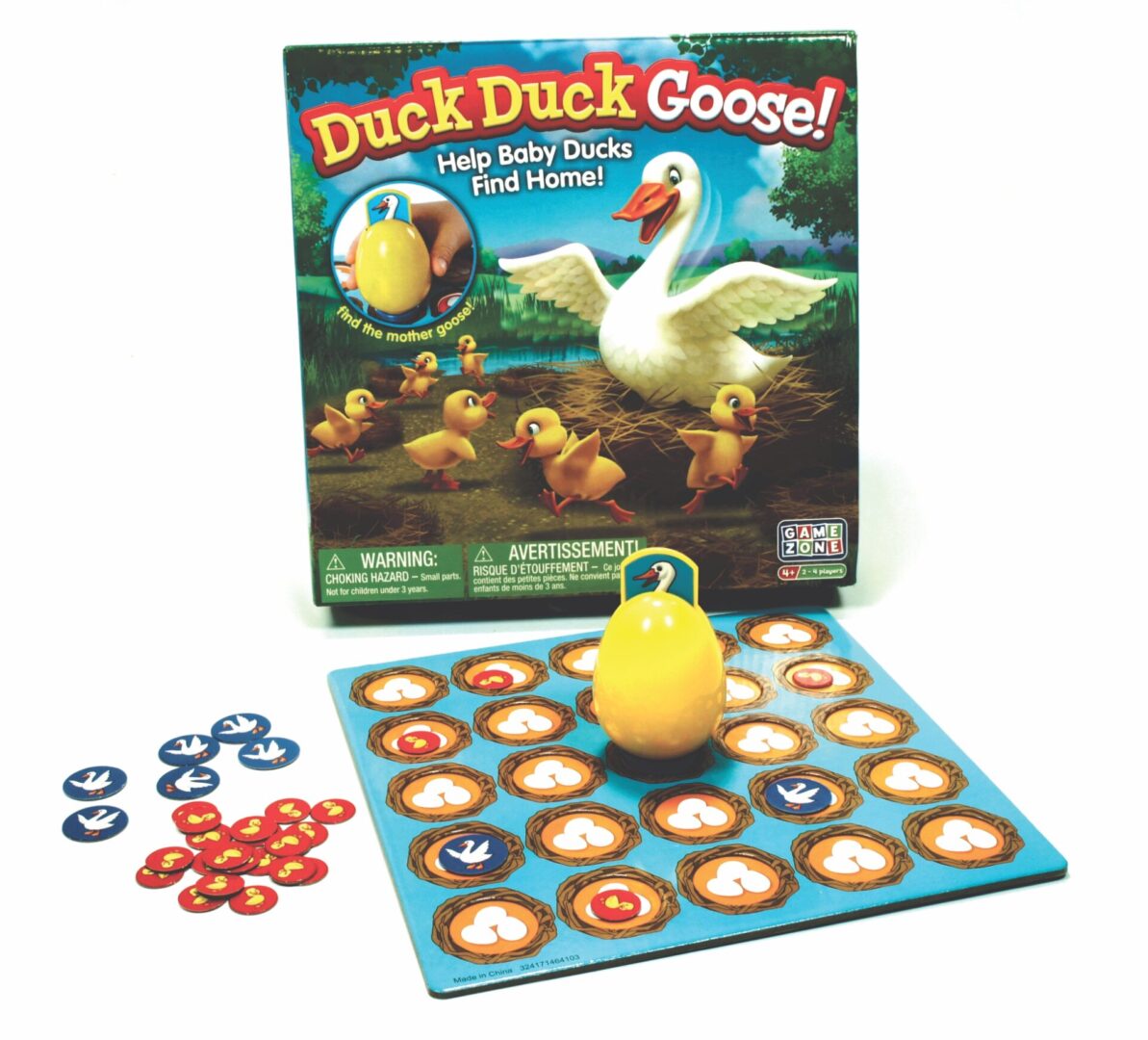 Duck Duck Goose board game with pieces and a board.