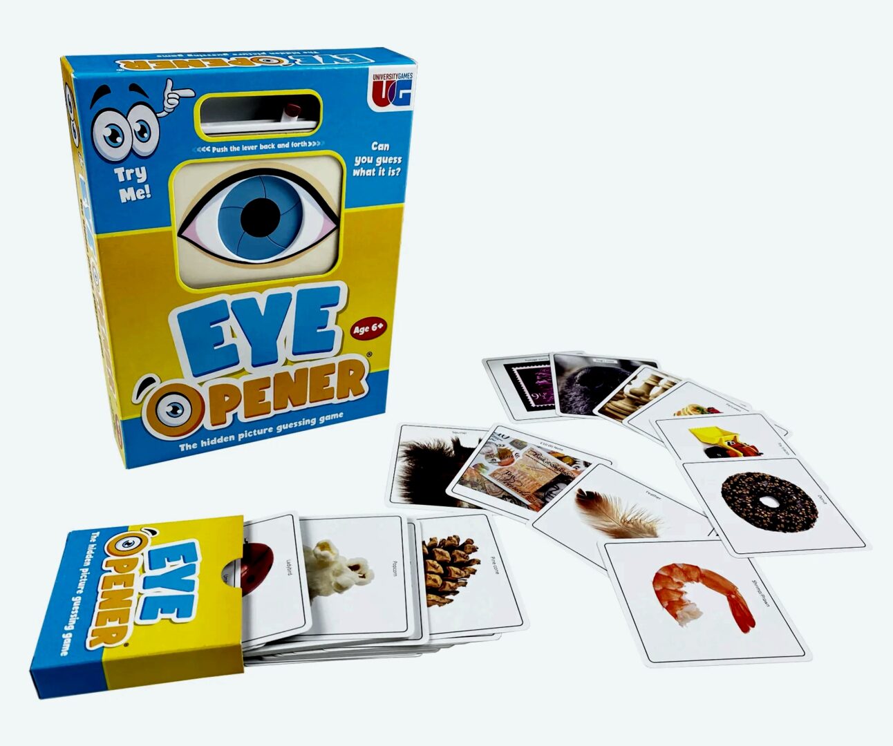 A box of the card game Eye Found It with cards spread out.
