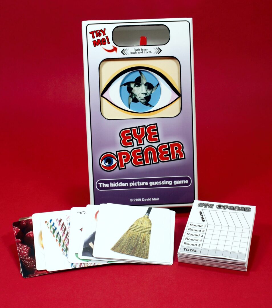A vintage Eye Opener trivia card game with cards spread out.