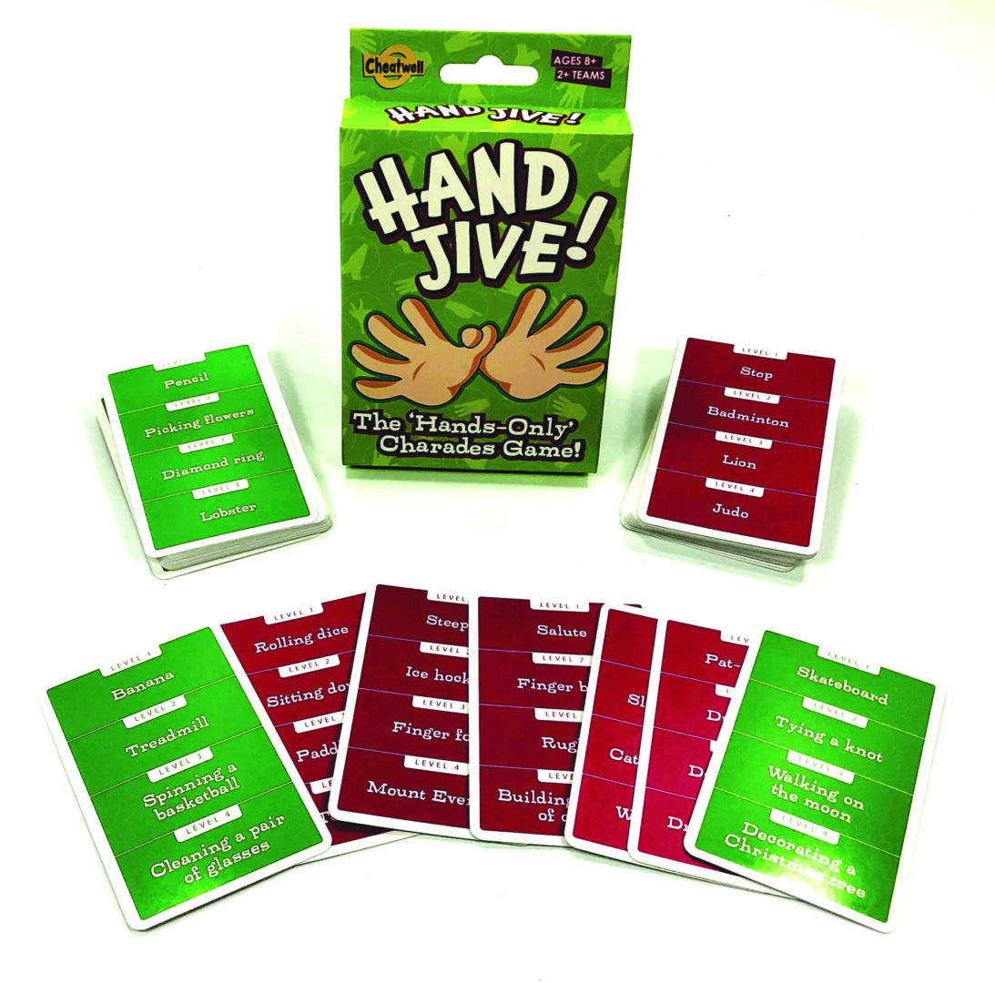 Hand Jive card game with green and red cards spread out.