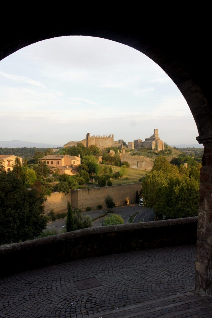 View of a historic castle and village through a stone arch.