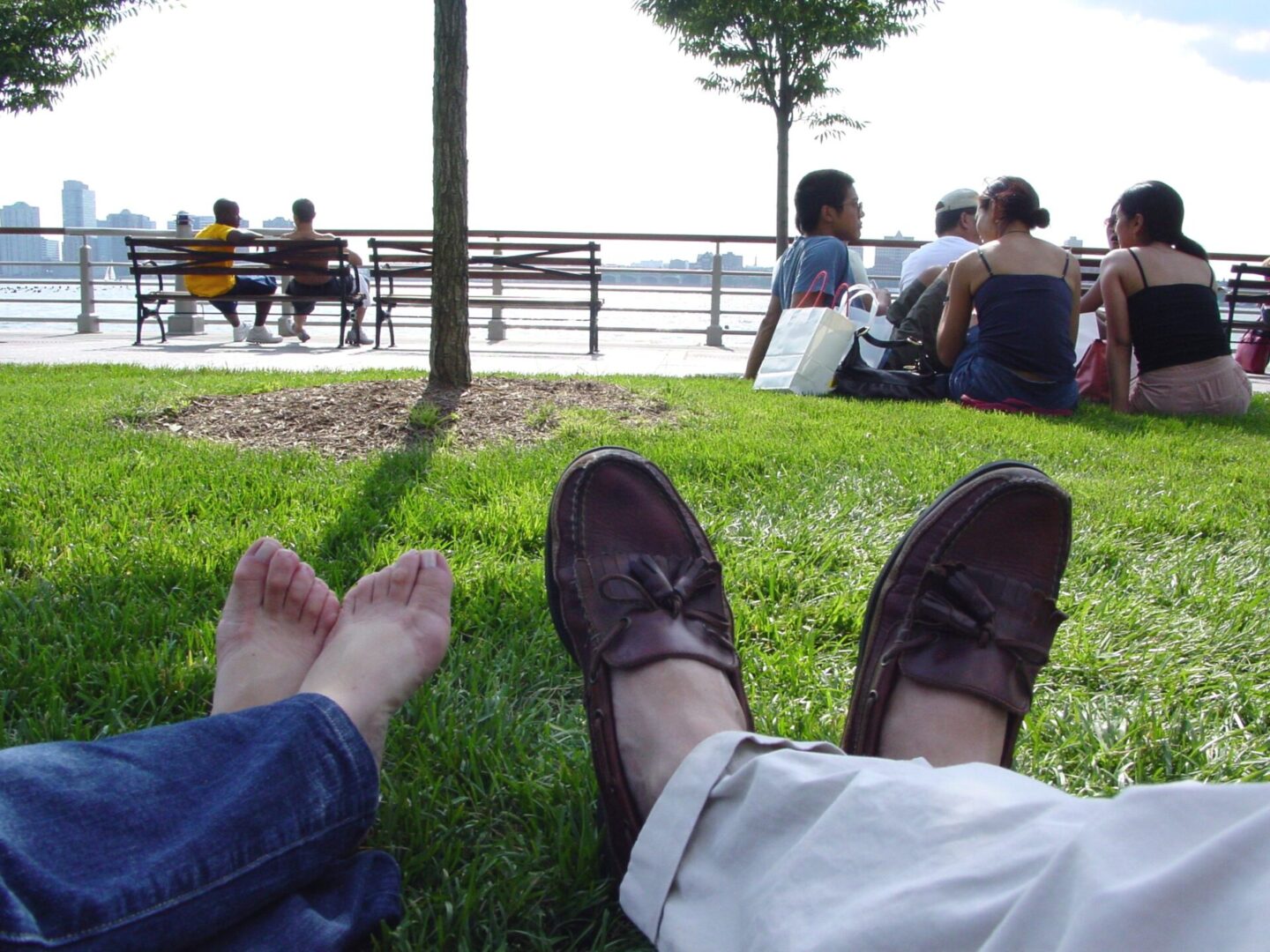 Two people relaxing on grass by a waterfront with others sitting nearby.