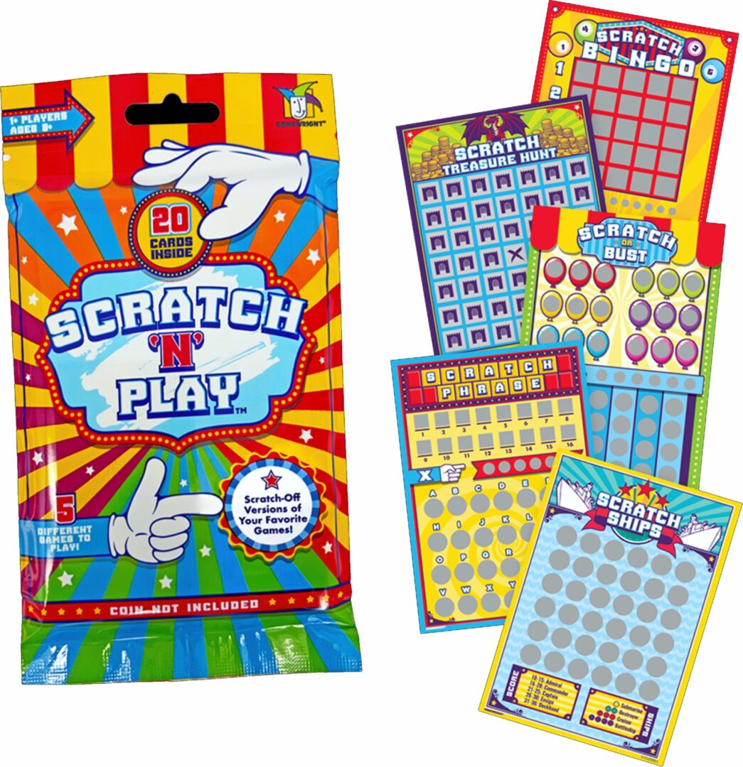 Colorful scratch and play lottery ticket set with various games.