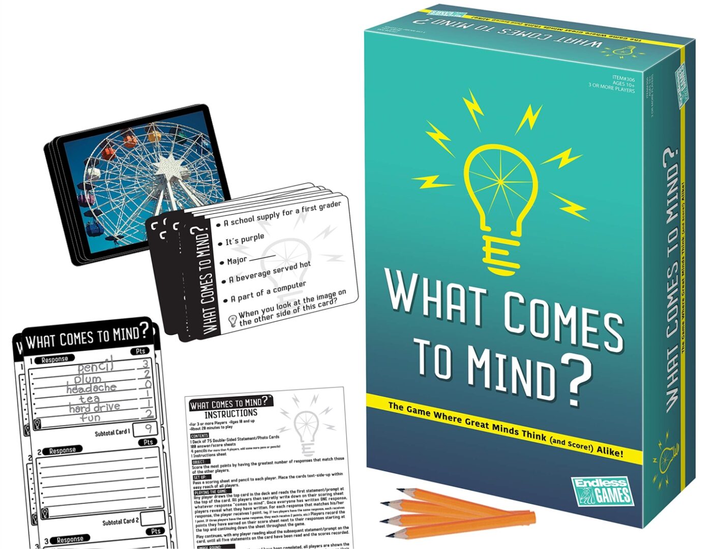 A trivia game called 'What Comes to Mind?' with cards and pencils.