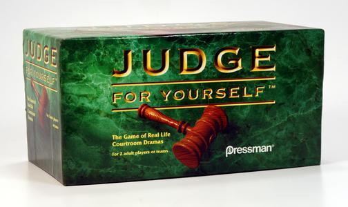 Judge For Yourself board game box with a gavel image.