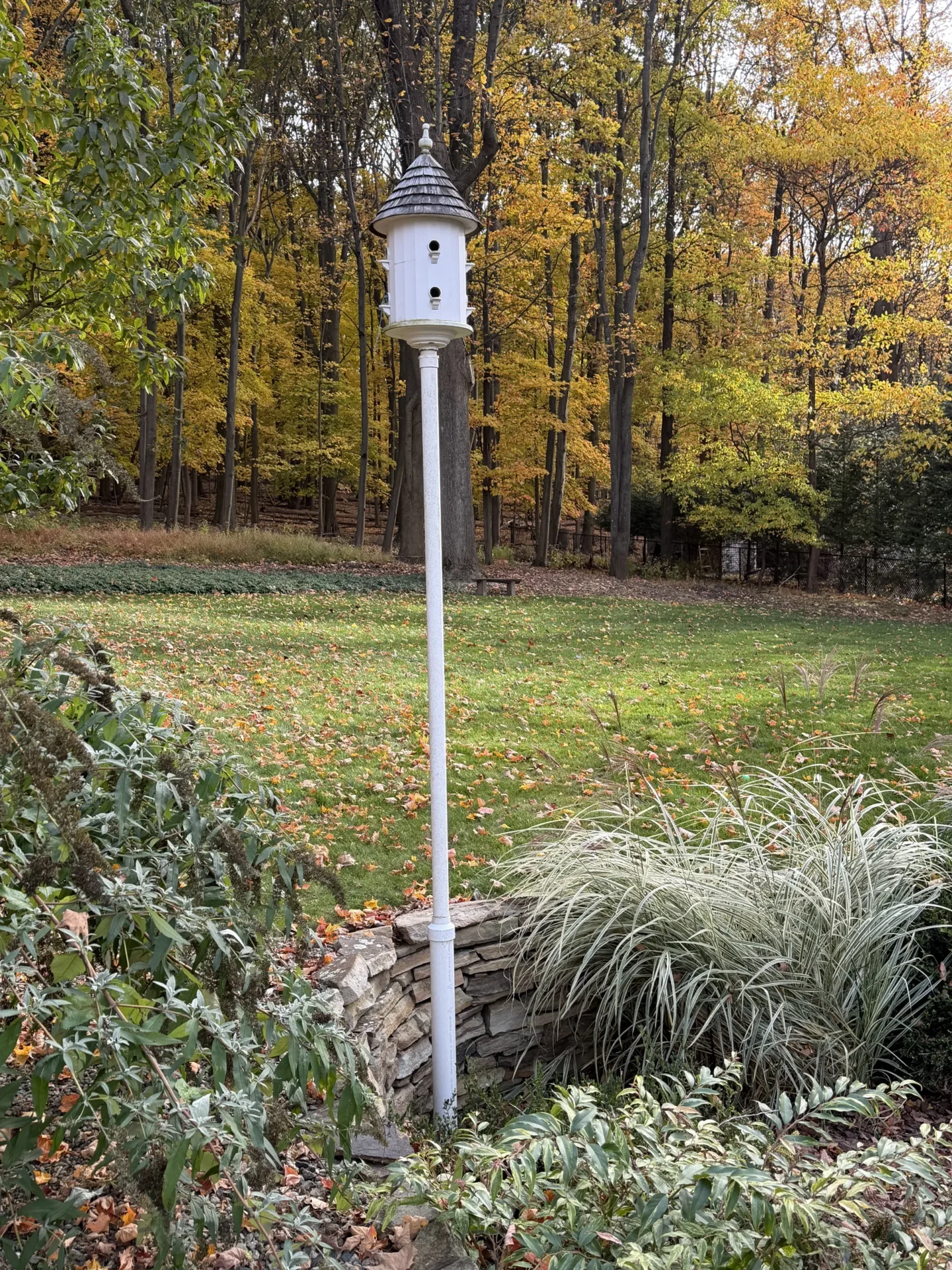 A tall white birdhouse on a pole in a grassy yard with autumn trees.