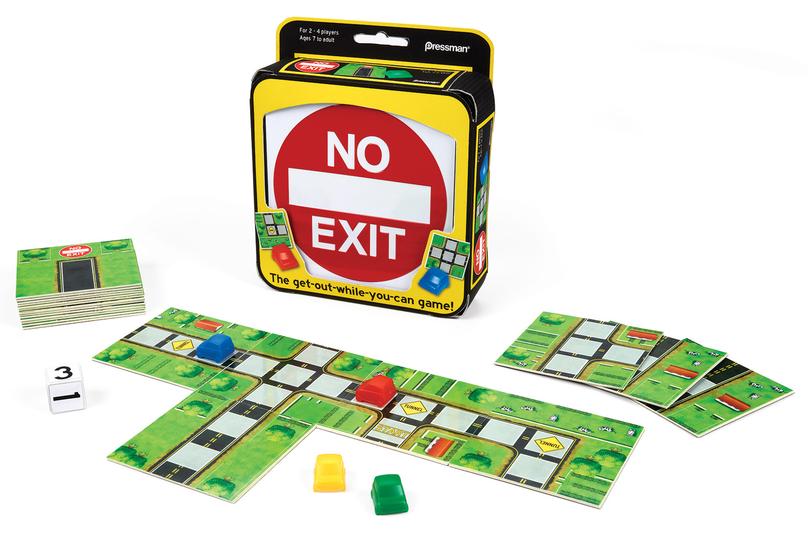 No Exit board game with colorful pieces and cards.