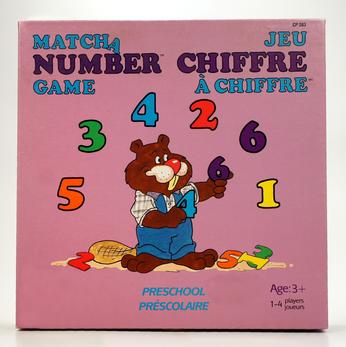 Vintage children's number guessing game with a bear illustration.