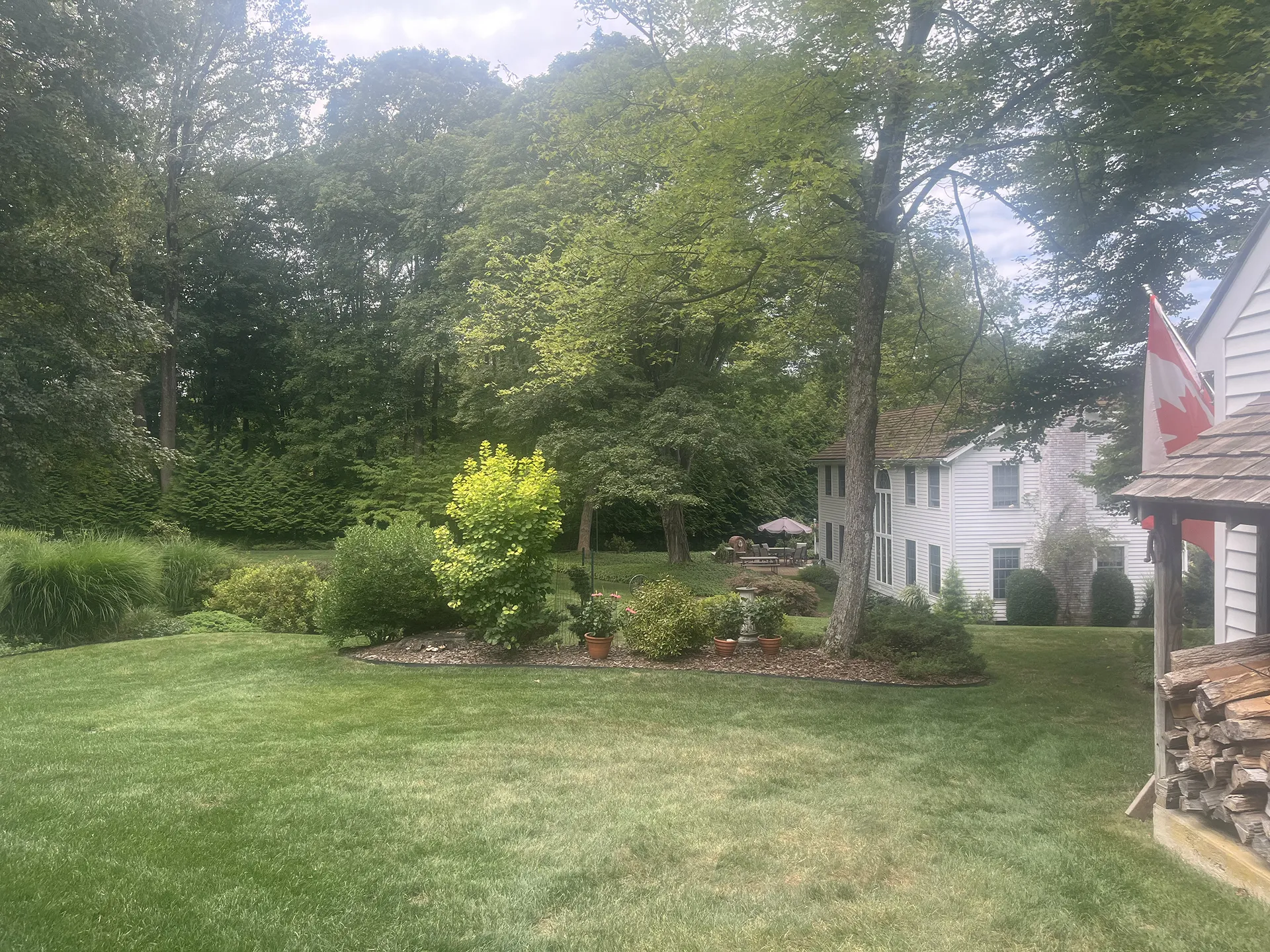 A green garden with trees and a white house in the background.