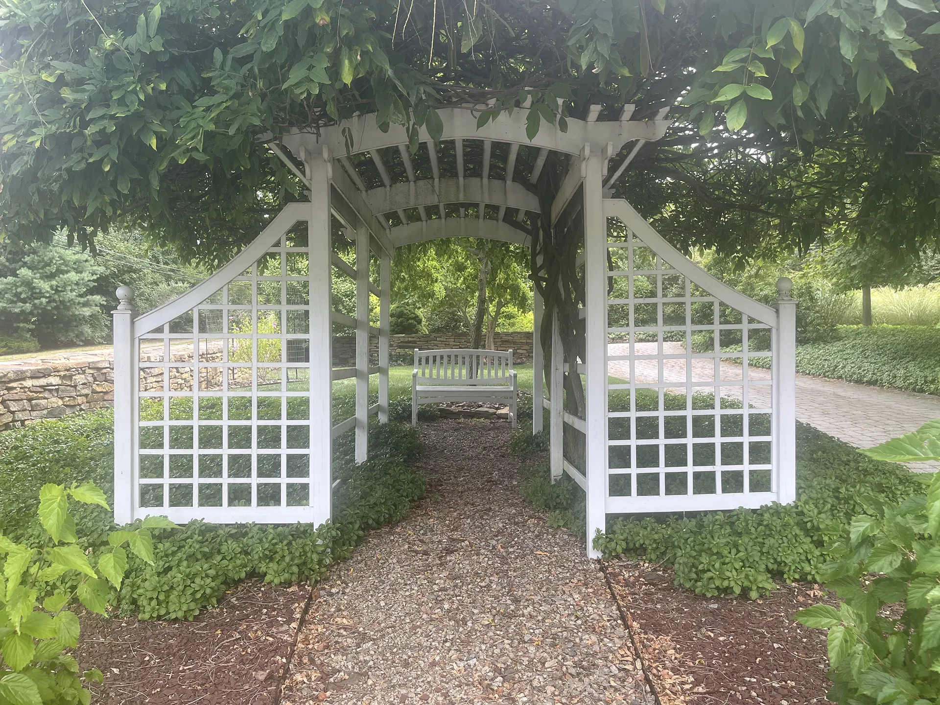 White garden arbor with lattice sides over a gravel path surrounded by greenery.