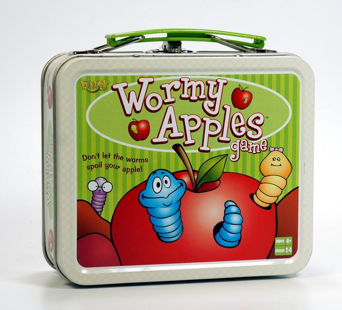 A green lunchbox with a 'Wormy Apples' design featuring cartoon worms and apples.