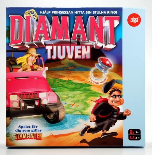 Box cover of the Finnish game Diamant Tjuven with adventurous characters.