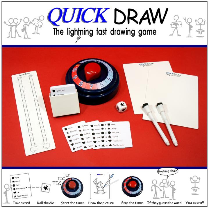 Quick Draw game set featuring a buzzer and drawing cards.