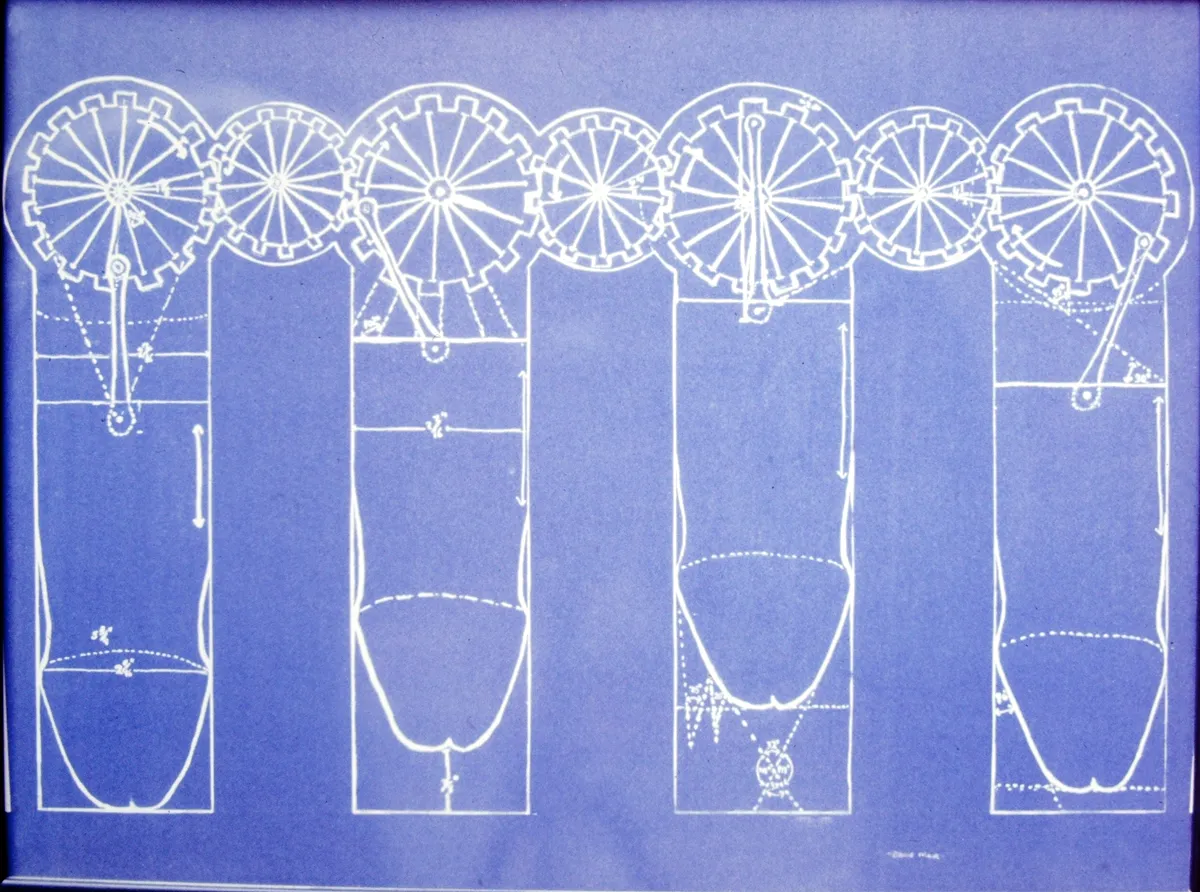 Blueprint of technical designs featuring circular and rectangular structures.