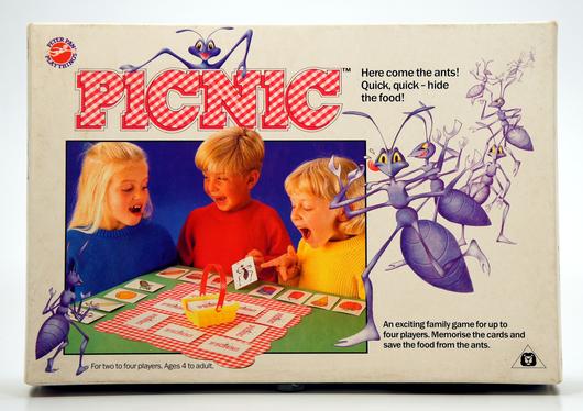 Children playing the board game Picnic together with ants illustration.