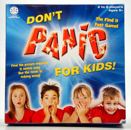 Excited kids and bold text urging not to panic for kids.
