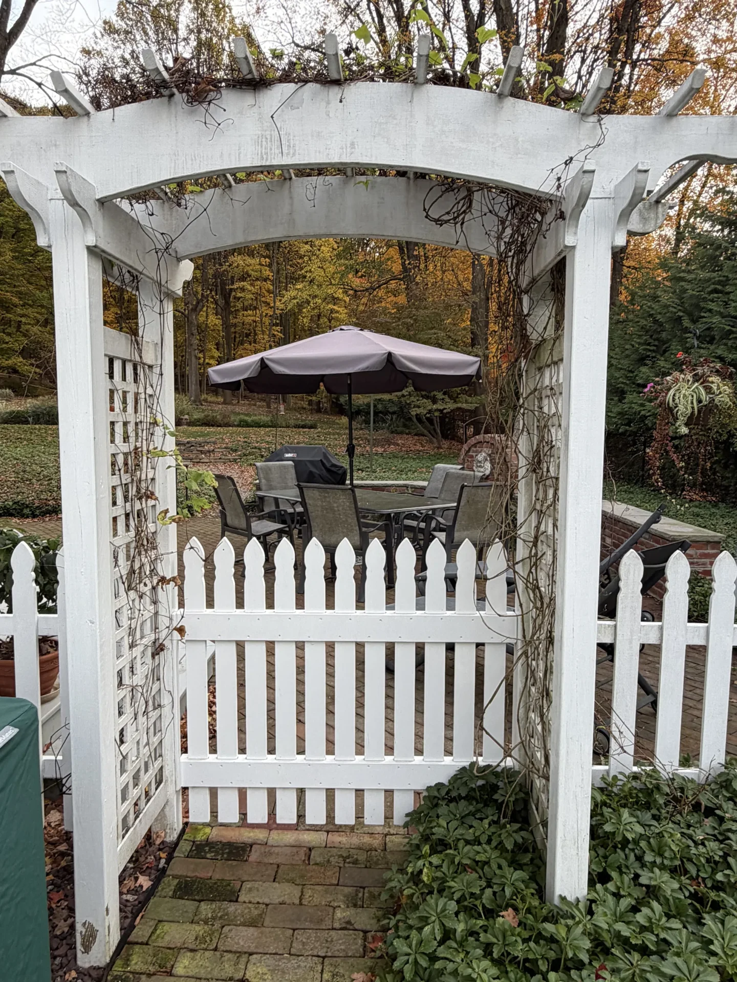 Rustic white garden gate opening to a cozy outdoor seating area with a purple umbrella.