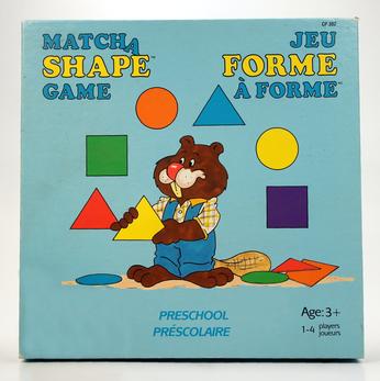 Vintage preschool shape-matching game with colorful shapes and a bear illustration.