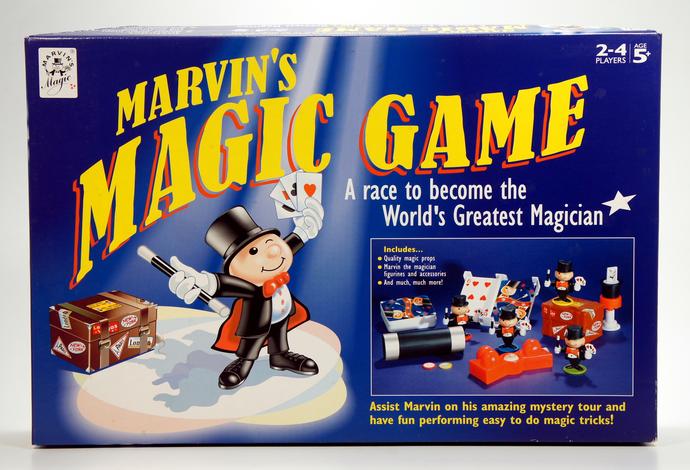 Box for Marvin's Magic Game featuring a magician mascot and colorful game pieces.