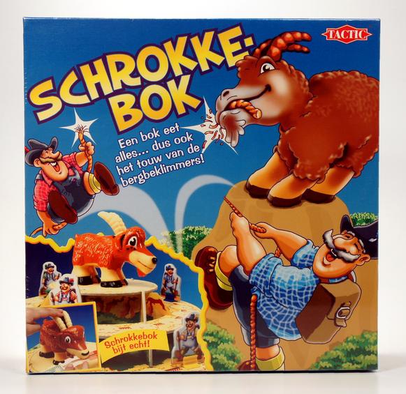 Box cover of the game 'Schrokke Bok' featuring animated characters and a large goat.