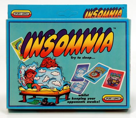 Box art for the game "Insomnia" featuring a cartoon character awake in bed.