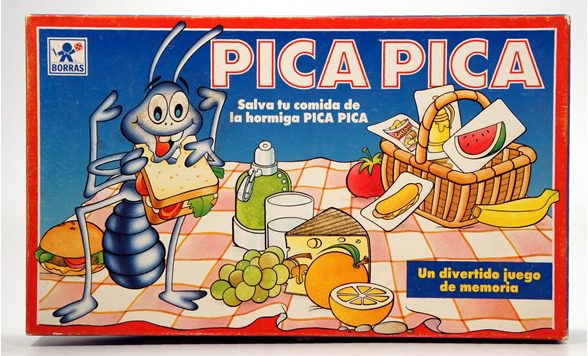 Juego de mesa PICA PICA con ilustraciones de hormigas y comida.
