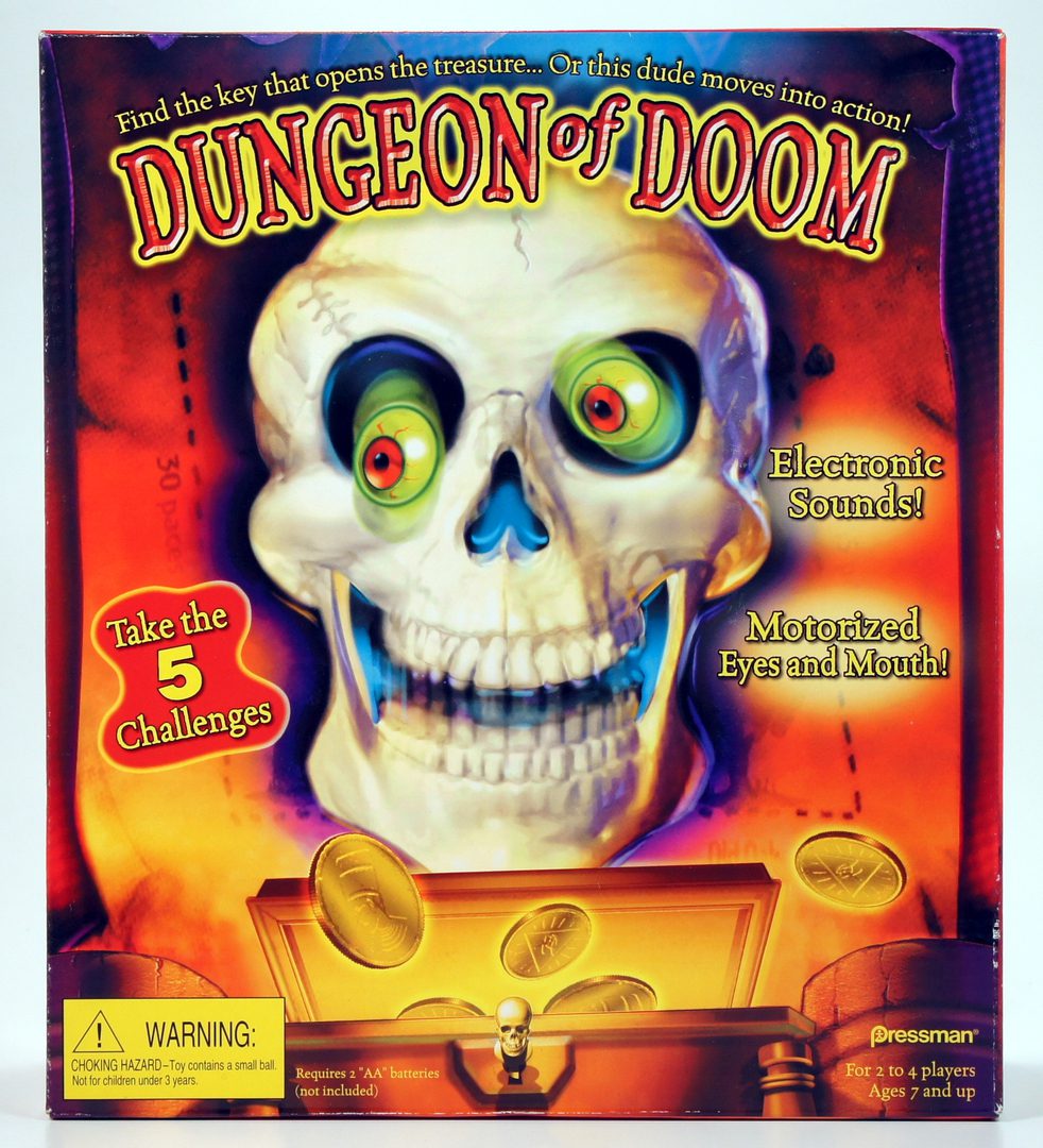 Cover art of the video game Dungeon of Doom featuring a skull and treasure chest.