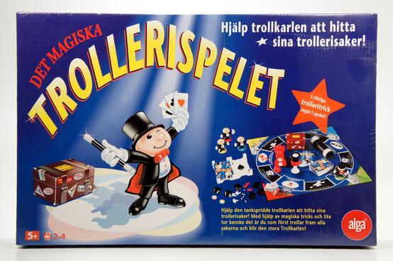 Swedish board game Trollerispelet featuring a young wizard and magical creatures.