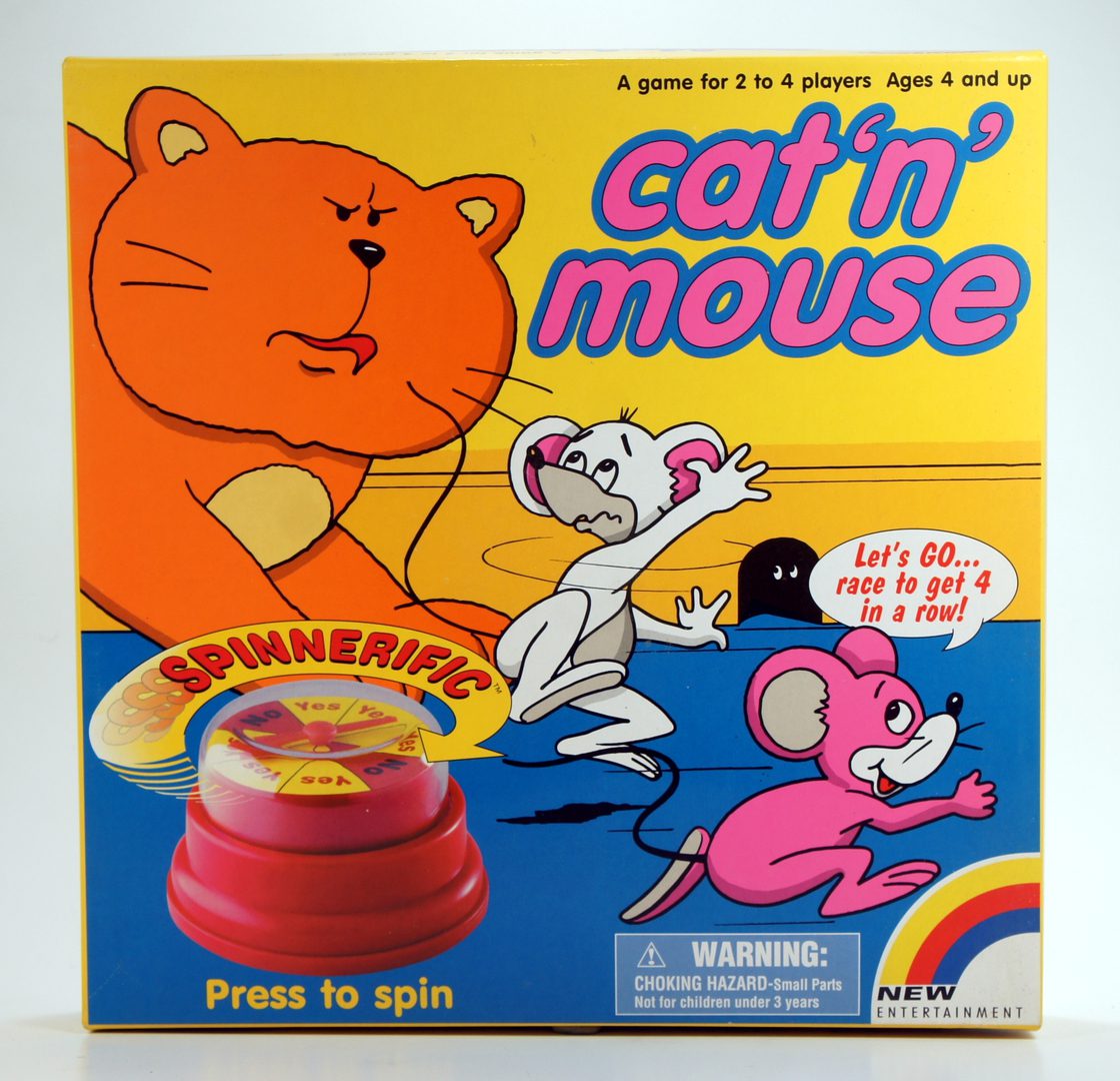 Vintage Cat 'n Mouse spinning top toy with colorful packaging.