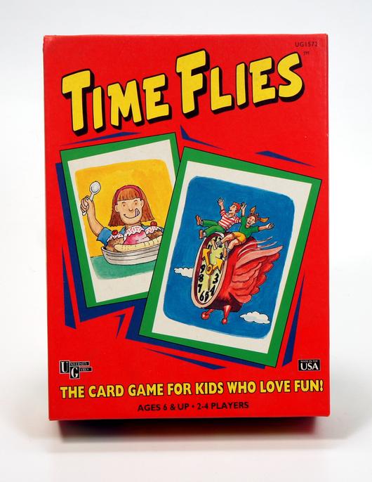 Box of the 'Time Flies' card game for kids featuring colorful illustrations.