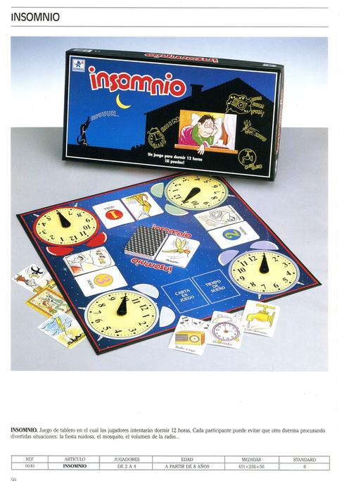 A vintage board game called Insomnio with clocks and cards.