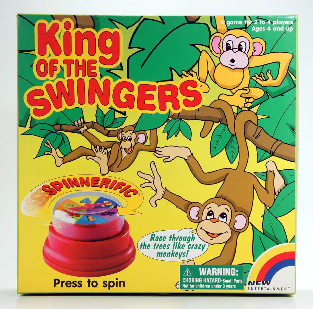 Vintage King of the Swingers spinning top game with cartoon monkeys.