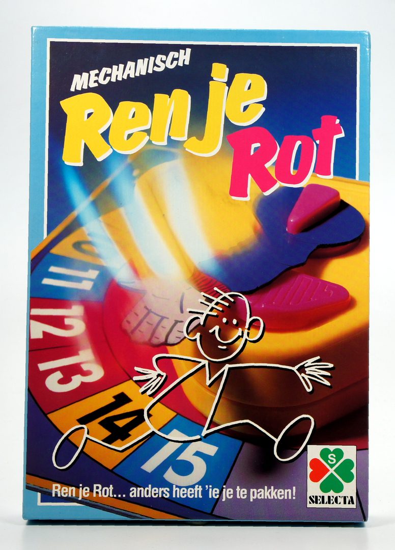 Colorful board game box with dice and cartoon character.