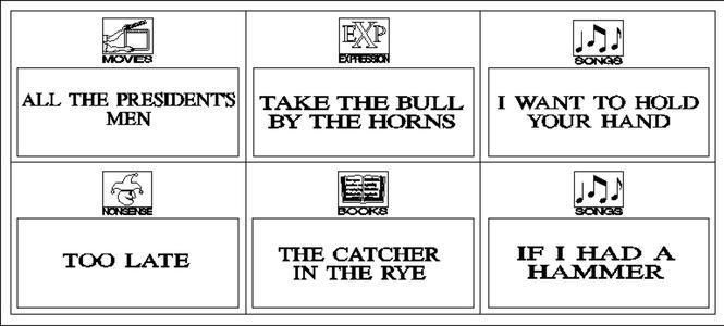A collage of book titles in black and white boxes.