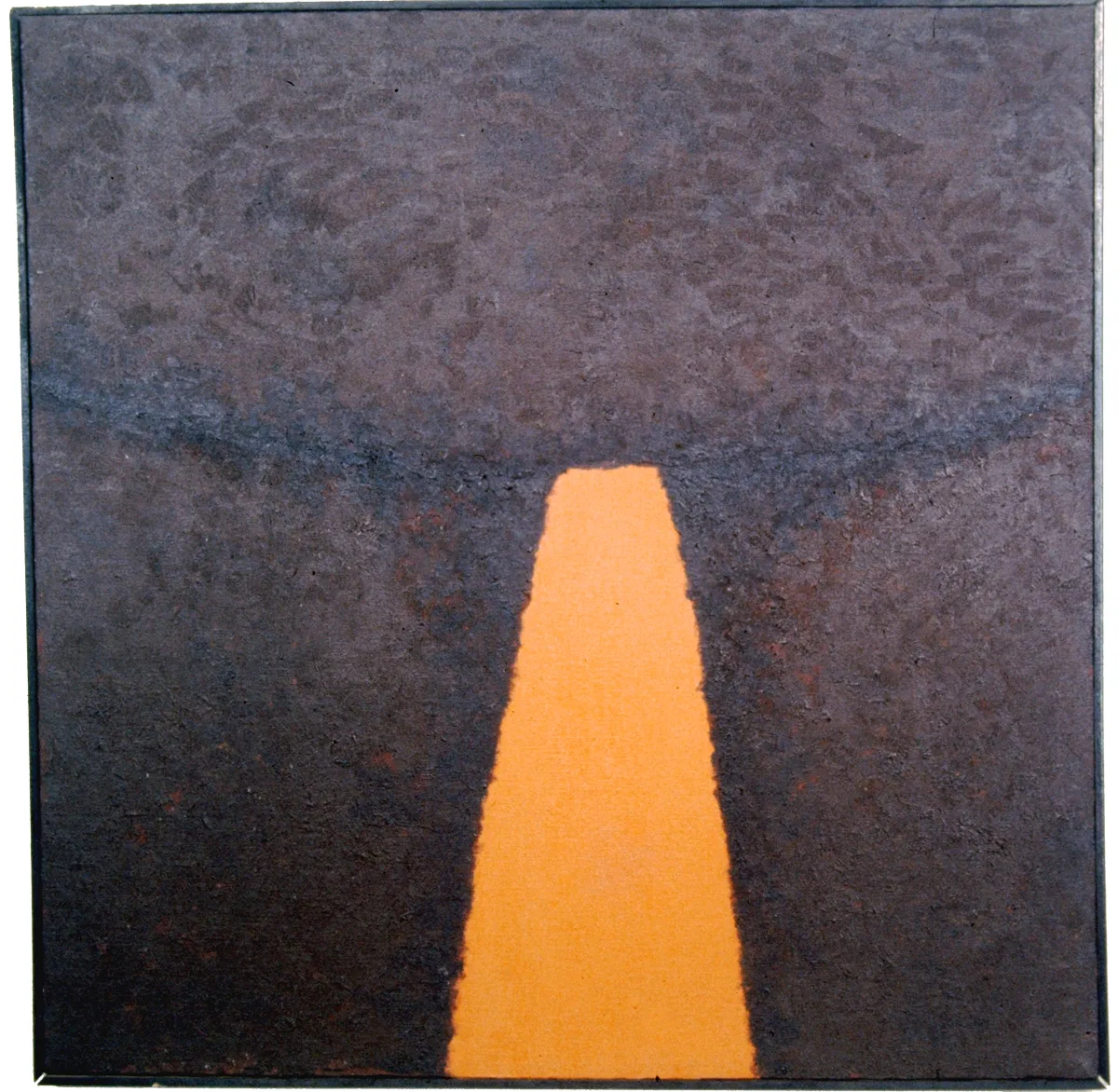 Abstract painting with a glowing orange central shape against a dark textured background.