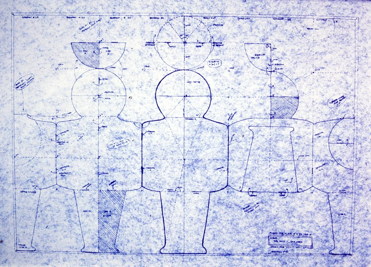Blueprint of a human figure with detailed geometric shapes and measurements.